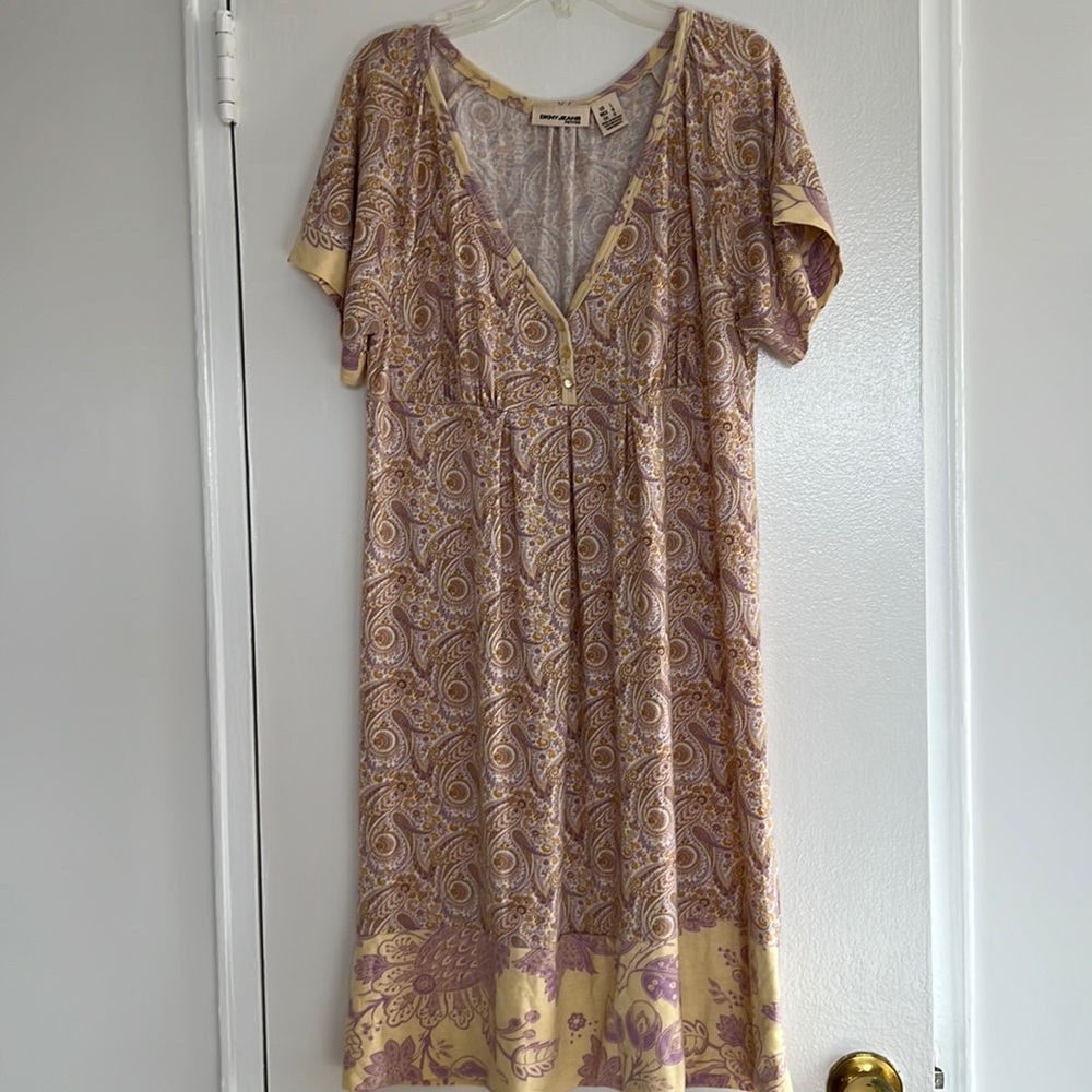 Pink and cream empire waist short sleeve petite midi dress. Size L